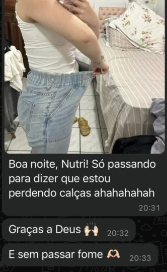 Mensagem de acompanhamento sobre ajuste de roupas e alimentação.