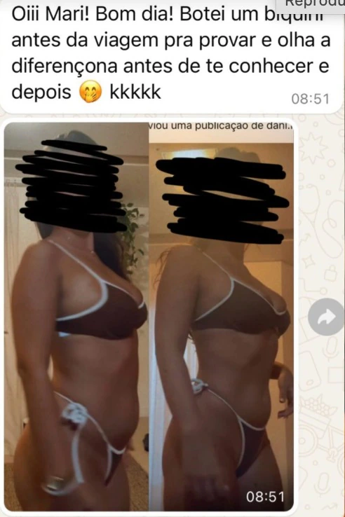 Mensagem de acompanhamento e comparação de fotografias de evolução corporal.