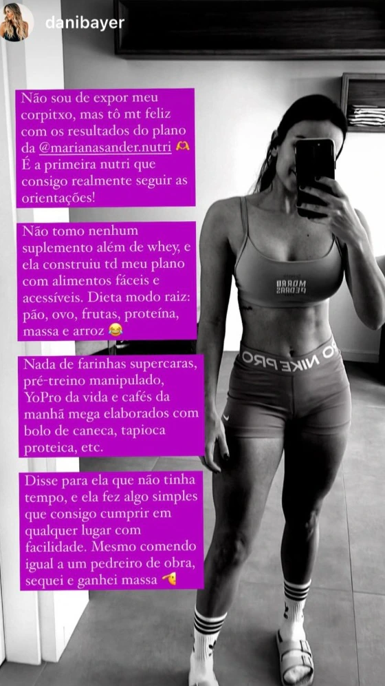 Depoimento sobre acompanhamento nutricional junto a uma fotografia de treino.